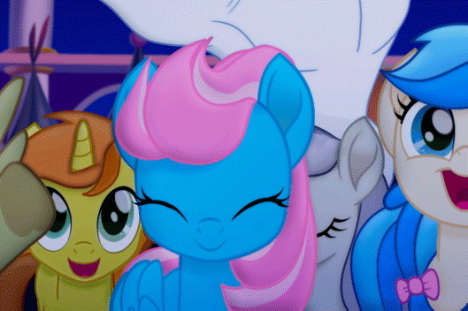 Size: 529x352 | Tagged: safe, screencap, character:bulk biceps, species:pegasus, species:pony, species:unicorn, my little pony: the movie (2017), animated, background pony, cropped, cute, excited, eyes closed, female, gif, happy, heart, hoof heart, horses doing horse things, looking up, male, mare, open mouth, perfect loop, running, running in place, smiling, solo focus, spread wings, stallion, stomping, underhoof, unnamed pony, wind whistler (g4), wings