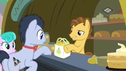 Size: 1024x576 | Tagged: safe, screencap, character:grand pear, character:mr. waddle, species:earth pony, species:pony, episode:the perfect pear, g4, my little pony: friendship is magic, background pony, bag, bits, boomerang (tv channel), bow tie, cake, food, male, market, pear, pipe, selling, sherlock holmes, stall, stallion, young grand pear, younger