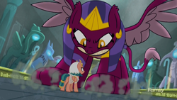 Size: 1920x1080 | Tagged: safe, screencap, character:somnambula, character:sphinx, species:pegasus, species:pony, species:sphinx, episode:daring done, g4, angry, discovery family logo, egyptian, eye contact, female, frown, glare, gritted teeth, looking at each other, macro, mare, sharp teeth, size difference, spread wings, statue, wings