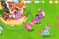Size: 960x640 | Tagged: safe, gameloft, screencap, character:bon bon, character:cheerilee, character:cup cake, character:pinkie pie, character:sweetie drops, character:twilight sparkle, character:twilight sparkle (unicorn), species:earth pony, species:pony, species:unicorn, female, game screencap, mare, sugarcube corner