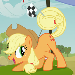 Size: 627x627 | Tagged: safe, screencap, character:applejack, species:earth pony, species:pony, episode:apple family reunion, g4, my little pony: friendship is magic, clothing, cropped, female, flag, happy, hat, mare, open mouth, solo, tail hold