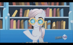 Size: 1024x640 | Tagged: safe, screencap, character:amethyst maresbury, episode:the crystal empire, g4, my little pony: friendship is magic, book, bookshelf, hub logo, implied terrorist, library, youtube caption