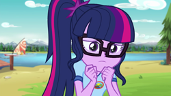 Size: 1280x720 | Tagged: safe, screencap, character:twilight sparkle, character:twilight sparkle (scitwi), species:eqg human, equestria girls:legend of everfree, g4, my little pony:equestria girls, camp everfree outfits, clothing, female, glasses, lake, mountain, mountain range, pier, sailboat, scenery, solo