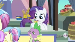 Size: 1920x1080 | Tagged: safe, screencap, character:fleur de verre, character:rarity, character:sapphire joy, character:spike, episode:the crystal empire, g4, my little pony: friendship is magic, hub logo, night knight, youtube caption