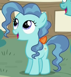 Size: 472x512 | Tagged: safe, screencap, character:mrs. paleo, character:petunia paleo, species:earth pony, species:pony, episode:the fault in our cutie marks, g4, my little pony: friendship is magic, blue eyes, cutie mark, female, filly, happy, out of frame