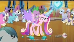 Size: 1920x1080 | Tagged: safe, screencap, character:fleur de verre, character:paradise (g4), character:princess cadance, character:sapphire joy, character:spike, species:alicorn, species:crystal pony, species:dragon, species:pony, episode:the crystal empire, g4, my little pony: friendship is magic, arctic lily, background pony, check mate, crystal empire, crystal heart, female, glowing horn, horn, hub logo, levitation, magic, male, mare, stallion, telekinesis, winnow wind, youtube caption