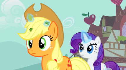 Size: 427x240 | Tagged: safe, screencap, character:applejack, character:rarity, episode:it's about time, g4, my little pony: friendship is magic, animated, duo, glowing horn, horn, leaves, levitation, magic, telekinesis