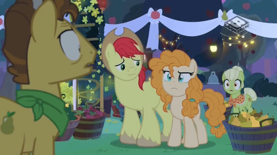 Size: 541x304 | Tagged: safe, screencap, character:bright mac, character:grand pear, character:granny smith, character:pear butter, species:pony, ship:brightbutter, episode:the perfect pear, g4, my little pony: friendship is magic, animated, apple, boomerang (tv channel), clothing, cute, dawwww, father and daughter, father and son-in-law, female, food, gif, hat, hug, husband and wife, loop, love, male, marriage, mother and child, mother and daughter-in-law, mother and son, pear, pure, sad, sadorable, scarf, shipping, squish, straight, wedding, wholesome, young grand pear, young granny smith, younger