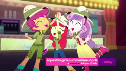 Size: 1920x1080 | Tagged: safe, screencap, character:apple bloom, character:scootaloo, character:sweetie belle, species:pegasus, species:pony, episode:the canterlot movie club, eqg summertime shorts, g4, my little pony:equestria girls, cutie mark crusaders, daring do costume, dash and scootaloo's cycle of obsession, high five