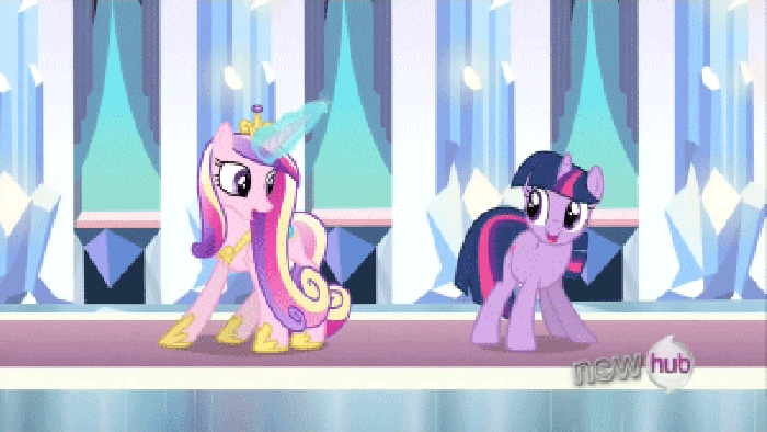 Size: 700x394 | Tagged: safe, screencap, character:princess cadance, character:twilight sparkle, species:alicorn, species:pony, species:unicorn, all new, animated, butt shake, female, mare, sunshine sunshine, text, wiggle