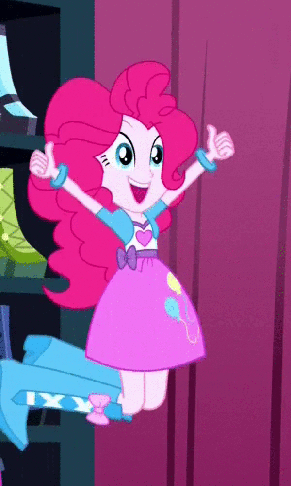 Size: 600x1000 | Tagged: safe, screencap, character:pinkie pie, episode:make up shake up, eqg summertime shorts, g4, my little pony:equestria girls, animated, boulder media, bouncing, cute, gif, grin, happy, open mouth, pronking, smiling, solo, thumbs up
