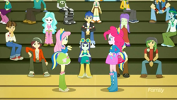 Size: 1366x768 | Tagged: safe, screencap, character:blueberry cake, character:captain planet, character:flash sentry, character:fluttershy, character:microchips, character:normal norman, character:paisley, character:pinkie pie, character:scribble dee, character:toe-tapper, character:torch song, character:wiz kid, ship:normalcake, episode:steps of pep, eqg summertime shorts, g4, my little pony:equestria girls, background human, blueberry cake, crimson napalm, shipping, valhallen, wiz kid