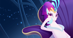 Size: 900x467 | Tagged: safe, official, screencap, character:queen novo, species:seapony (g4), my little pony: the movie (2017), bored, crown, eyelashes, female, fins, hoof on cheek, jewelry, raised eyebrow, regalia, seaquestria, solo, throne, unamused, underwater, water