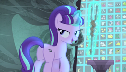 Size: 1258x720 | Tagged: safe, screencap, character:starlight glimmer, species:pony, species:unicorn, episode:the cutie map, g4, my little pony: friendship is magic, cutie mark vault, equal cutie mark, explanation, female, lidded eyes, looking back, mare, plot, s5 starlight, solo, staff, staff of sameness