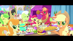 Size: 1280x720 | Tagged: safe, screencap, character:apple bloom, character:apple fritter, character:applejack, character:big mcintosh, character:caramel apple, character:granny smith, my little pony: the movie (2017), apple, apple family, apple family member, apple pie, festival of friendship, food, pie, youtube link