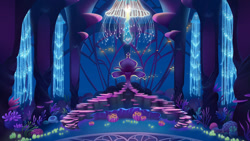 Size: 1920x1080 | Tagged: safe, screencap, my little pony: the movie (2017), background, bioluminescent, fish, jellyfish, no pony, scenery, seaquestria, throne, throne room, underwater