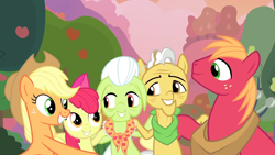 Size: 1920x1080 | Tagged: safe, screencap, character:apple bloom, character:applejack, character:big mcintosh, character:grand pear, character:granny smith, species:earth pony, species:pony, episode:the perfect pear, g4, my little pony: friendship is magic, group hug, hug, smiling