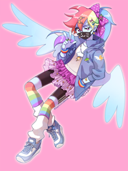 Size: 800x1067 | Tagged: safe, artist:kairean, character:rainbow dash, my little pony:equestria girls, alternate costumes, alternate hairstyle, bike shorts, bow, bracelet, clothing, compression shorts, female, hair bow, hair ribbon, harajuku, hoodie, jewelry, looking at you, loose socks, pixiv, rainbow socks, ring, shoes, simple background, skirt, sneakers, socks, solo, striped socks, surgical mask, wings