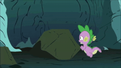 Size: 1280x720 | Tagged: safe, screencap, character:spike, species:dragon, episode:owl's well that ends well, g4, my little pony: friendship is magic, animated, cave, chase, gem, reginald, running away, sound, spikes, thagomizer, webm