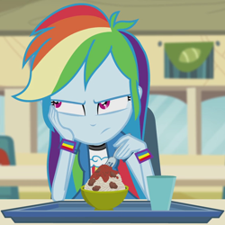 Size: 564x564 | Tagged: safe, screencap, character:rainbow dash, episode:pinkie on the one, equestria girls:rainbow rocks, g4, my little pony:equestria girls, cropped, food, pasta, solo, spaghetti, unamused