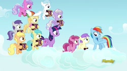 Size: 1920x1080 | Tagged: safe, screencap, character:alula, character:cotton cloudy, character:cupid, character:mango dash, character:noi, character:pinkie feather, character:pluto, character:rainbow dash, character:rainy feather, character:sweet pop, character:tornado bolt, character:twilight sparkle, character:twilight sparkle (alicorn), species:alicorn, species:pegasus, species:pony, episode:fame and misfortune, g4, my little pony: friendship is magic, background pony, cloud, cupid (character), discovery family logo, female, filly, flying, foal, hoof hold, mango dash, mare, pinkie feather, rainy feather, raised hoof, standing on a cloud, sweet pop