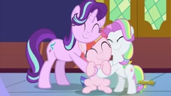 Size: 796x447 | Tagged: safe, screencap, character:coconut cream, character:starlight glimmer, character:toola roola, species:pony, episode:fame and misfortune, g4, my little pony: friendship is magic, cute, group hug, hug, roolabetes, twilight's castle