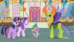 Size: 1366x768 | Tagged: safe, screencap, character:spike, character:starlight glimmer, character:thorax, character:twilight sparkle, character:twilight sparkle (alicorn), species:alicorn, species:changeling, species:dragon, species:pony, species:reformed changeling, episode:triple threat, g4, my little pony: friendship is magic