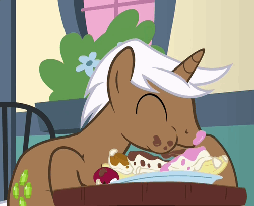 Size: 504x409 | Tagged: safe, screencap, character:mochaccino, character:rare find, species:pony, species:unicorn, episode:fame and misfortune, g4, my little pony: friendship is magic, :t, animated, aweeg*, cute, eating, food, gif, horses doing horse things, ice cream, male, messy eating, puffy cheeks, smiling, solo, stallion, sundae