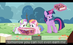 Size: 1920x1200 | Tagged: safe, screencap, character:coconut cream, character:toola roola, character:twilight sparkle, character:twilight sparkle (alicorn), species:alicorn, species:pony, episode:fame and misfortune, g4, my little pony: friendship is magic, meme, youtube caption