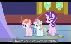Size: 1920x1200 | Tagged: safe, screencap, character:coconut cream, character:starlight glimmer, character:toola roola, species:pony, episode:fame and misfortune, g4, my little pony: friendship is magic, historical revisionism, meme, youtube caption