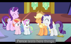 Size: 1920x1200 | Tagged: safe, screencap, character:applejack, character:coconut cream, character:rarity, character:starlight glimmer, character:toola roola, species:pony, episode:fame and misfortune, g4, my little pony: friendship is magic, meme, youtube caption