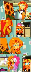 Size: 1478x3354 | Tagged: safe, screencap, character:pinkie pie, character:sunset shimmer, episode:the art of friendship, eqg summertime shorts, g4, my little pony:equestria girls, apron, clothing, comic, hug, painting, pinkie's portrait, screencap comic, sunflower, sunset's painting