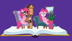 Size: 1920x1080 | Tagged: safe, screencap, character:pinkie pie, species:pony, episode:fame and misfortune, g4, my little pony: friendship is magic, book, chair, clipboard, clock, couch, distressed, ears up, fern, flawless, floppy ears, glasses, grandfather clock, groucho mask, lying down, painting, paradox, pencil, pinkiatrist, pop-up book, psychiatrist, self ponidox, sitting, stressed, therapist, therapy, troubled, unhappy, writing