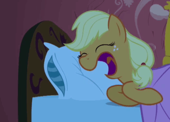 Size: 350x250 | Tagged: safe, screencap, character:applejack, species:earth pony, species:pony, episode:look before you sleep, g4, my little pony: friendship is magic, animated, bed, eyes closed, female, gif, golden oaks library, hatless, mare, missing accessory, open mouth, pillow, side, sleeping, snoring, solo