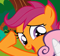 Size: 200x186 | Tagged: safe, screencap, character:scootaloo, character:sweetie belle, species:pegasus, species:pony, species:unicorn, episode:lesson zero, g4, my little pony: friendship is magic, animated, duo, duo female, female, filly, gif, insanity, reaction image