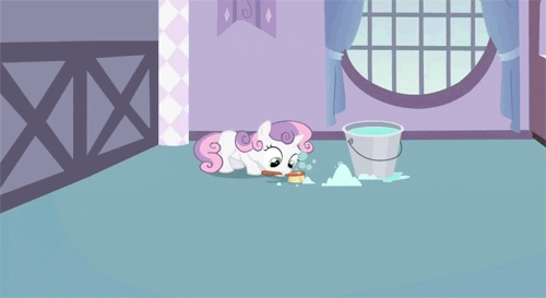 Size: 500x273 | Tagged: safe, screencap, character:sweetie belle, species:pony, species:unicorn, episode:sisterhooves social, g4, my little pony: friendship is magic, animated, bucket, carousel boutique, catching, cleaning, female, filly, gif, mouth hold, solo