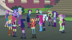 Size: 1400x782 | Tagged: safe, screencap, character:applejack, character:dean cadance, character:fluttershy, character:indigo zap, character:lemon zest, character:pinkie pie, character:princess cadance, character:princess celestia, character:princess luna, character:principal abacus cinch, character:principal celestia, character:rainbow dash, character:rarity, character:sour sweet, character:sugarcoat, character:sunny flare, character:sunset shimmer, character:twilight sparkle, character:twilight sparkle (scitwi), character:vice principal luna, species:eqg human, equestria girls:friendship games, g4, my little pony:equestria girls, celestia is not amused, humane five, humane seven, humane six, shadow five, shadow six, unamused, vice principal luna