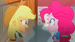 Size: 1391x785 | Tagged: safe, screencap, character:applejack, character:pinkie pie, episode:epic fails, eqg summertime shorts, g4, my little pony:equestria girls, discovery family logo, kitchen, steam