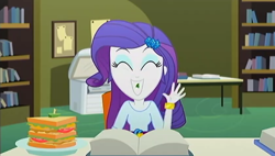Size: 1400x795 | Tagged: safe, screencap, character:rarity, episode:epic fails, eqg summertime shorts, g4, my little pony:equestria girls, food, grin, lettuce, library, smiling, teeth, waving