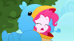 Size: 1280x720 | Tagged: safe, screencap, character:pinkie pie, episode:the art of friendship, eqg summertime shorts, g4, my little pony:equestria girls, bird costume, clothing, costume, feather, pinkie birdie, sad, solo