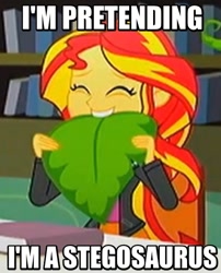 Size: 489x604 | Tagged: safe, screencap, character:sunset shimmer, episode:epic fails, eqg summertime shorts, g4, my little pony:equestria girls, cute, dinosaur, eyes closed, happy, herbivore, homesick shimmer, humans doing horse things, image macro, meme, plant, shimmerbetes, silly human, solo, stegosaurus, sunset wants her old digestive system back
