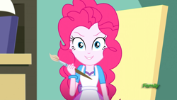 Size: 1280x720 | Tagged: safe, screencap, character:pinkie pie, episode:the art of friendship, eqg summertime shorts, g4, my little pony:equestria girls, >:), >:d, apron, bracelet, clothing, easel, evil grin, grin, happy, jewelry, paintbrush, smiling, smirk
