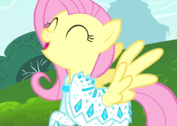 Size: 690x490 | Tagged: safe, screencap, character:fluttershy, species:pony, episode:green isn't your color, g4, my little pony: friendship is magic, 48 fps, animated, clothing, cute, dress, frame interpolation, no sound, nudie suit, shyabetes, solo, spread wings, webm, wings
