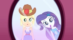 Size: 639x353 | Tagged: safe, screencap, character:applejack, character:rarity, episode:make up shake up, eqg summertime shorts, equestria girls:equestria girls, g4, my little pony:equestria girls, clothing, cute, fall formal outfits, female, flower, hat, looking at you, mascara, mirror, raribetes, rose