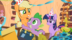 Size: 1280x720 | Tagged: safe, screencap, character:applejack, character:spike, character:twilight sparkle, character:twilight sparkle (unicorn), species:dragon, species:earth pony, species:pony, species:unicorn, episode:secret of my excess, g4, my little pony: friendship is magic, bipedal, book, bookshelf, clothing, eye contact, female, flower, golden oaks library, hat, hug, looking at each other, male, mare, party hat, smiling, trio