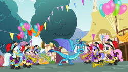 Size: 1920x1080 | Tagged: safe, screencap, character:clarion call, character:princess ember, species:dragon, species:pony, species:unicorn, episode:triple threat, g4, my little pony: friendship is magic, attack, background pony, balloon, boots, clothing, cornetta, discovery family logo, female, glowing horn, hat, levitation, magic, magic aura, mare, menacing, misunderstanding, musical instrument, ponyville, scared, shoes, spread wings, surprised, surprised face, telekinesis, top hat, trumpet, uniform, unnamed character, unnamed pony, wings