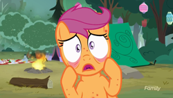 Size: 1920x1080 | Tagged: safe, screencap, character:scootaloo, species:pegasus, species:pony, episode:campfire tales, g4, my little pony: friendship is magic, bite mark, fly-der, fly-der bite, scared, tent