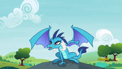 Size: 1920x1080 | Tagged: safe, screencap, character:princess ember, species:dragon, episode:triple threat, g4, my little pony: friendship is magic, landing, proud, superhero landing