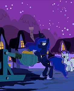 Size: 245x300 | Tagged: safe, screencap, character:applejack, character:princess luna, episode:luna eclipsed, g4, my little pony: friendship is magic, animated, catapult, clothing, costume, cropped, nightmare night costume, pumpkin, punkin chunkin, scarecrow, target