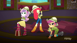 Size: 1920x1080 | Tagged: safe, screencap, character:apple bloom, character:scootaloo, character:sweetie belle, species:pegasus, species:pony, episode:the canterlot movie club, eqg summertime shorts, g4, my little pony:equestria girls, boots, cinema, clothing, cutie mark crusaders, jeans, pants, shoes, skirt